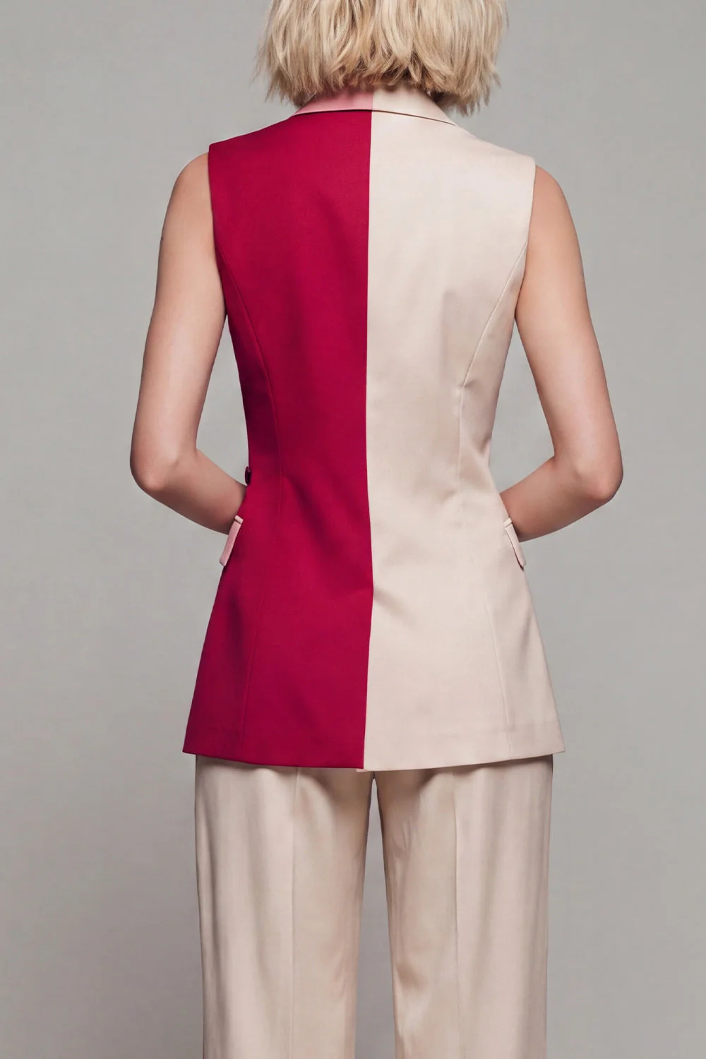 Light Khaki 2 Piece Notched Lapel ColorBlock Women Suits - Image 4