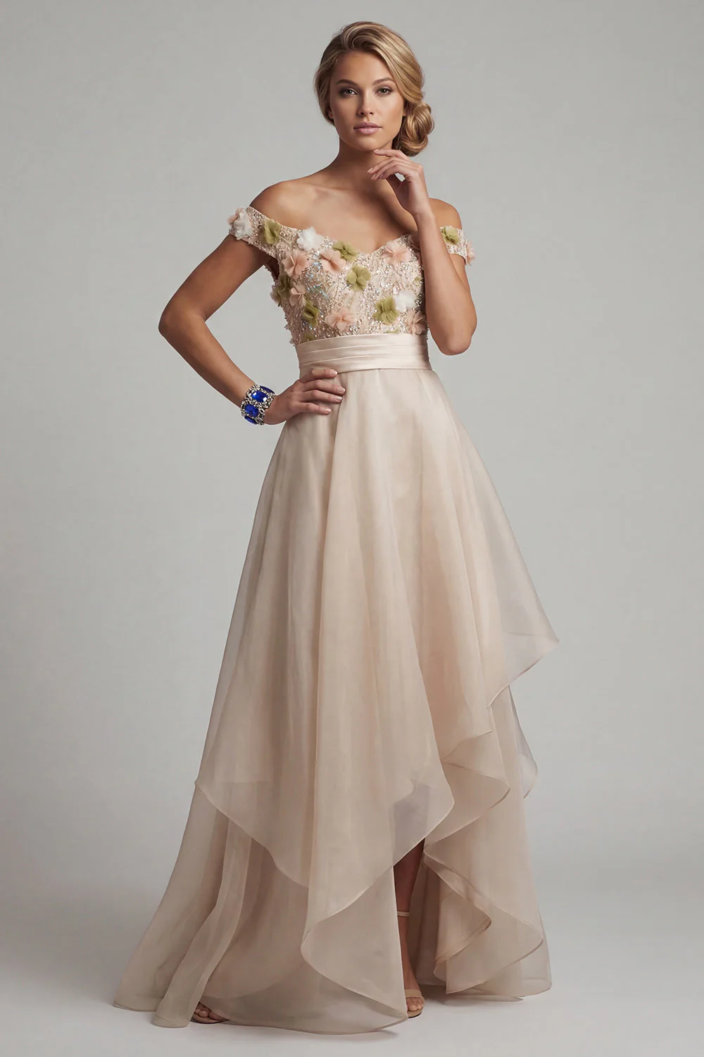 Off The Shoulder A Line Apricot Mother Of the Bride Dress with 3D Flowers - Image 3