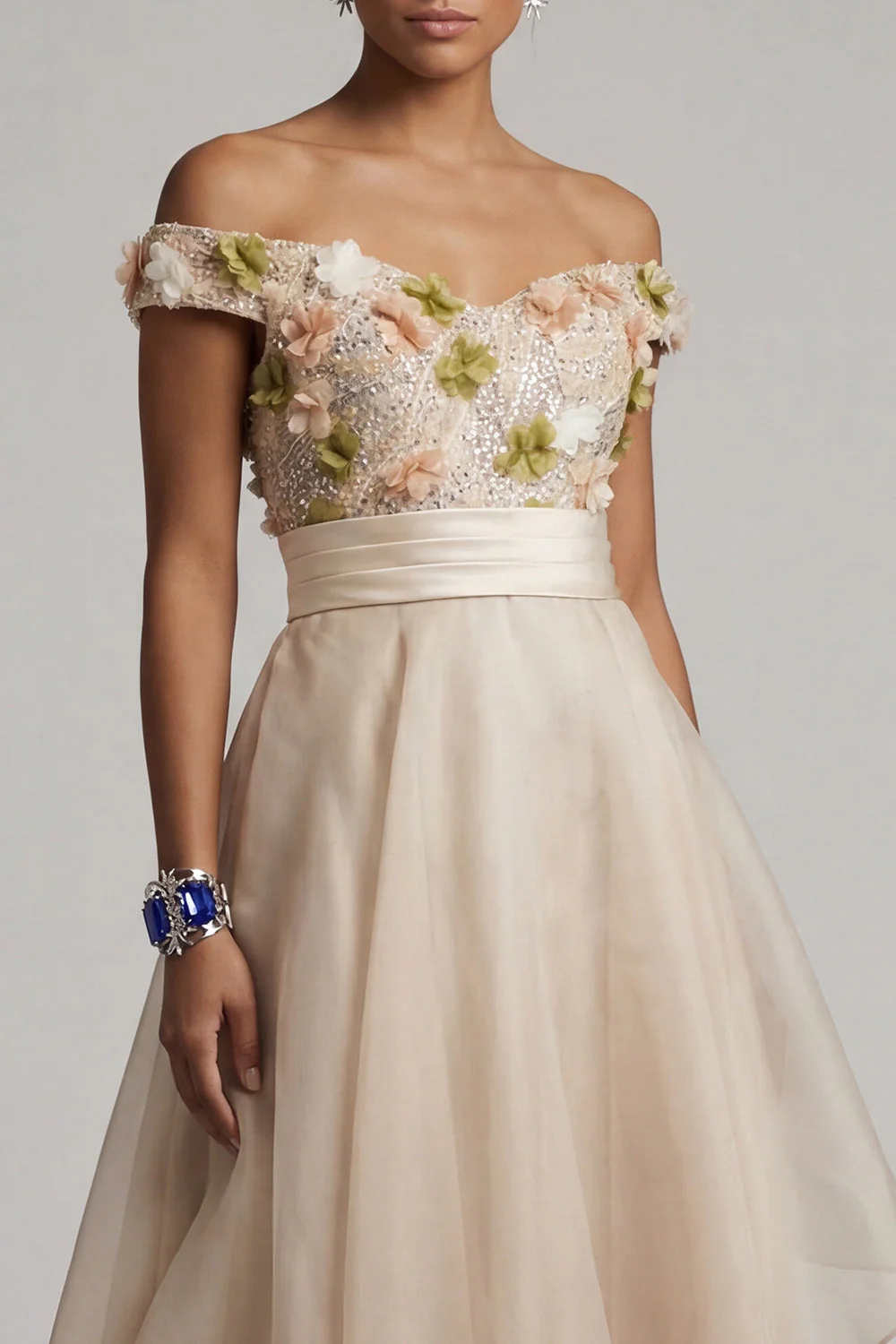 Off The Shoulder A Line Apricot Mother Of the Bride Dress with 3D Flowers - Image 4