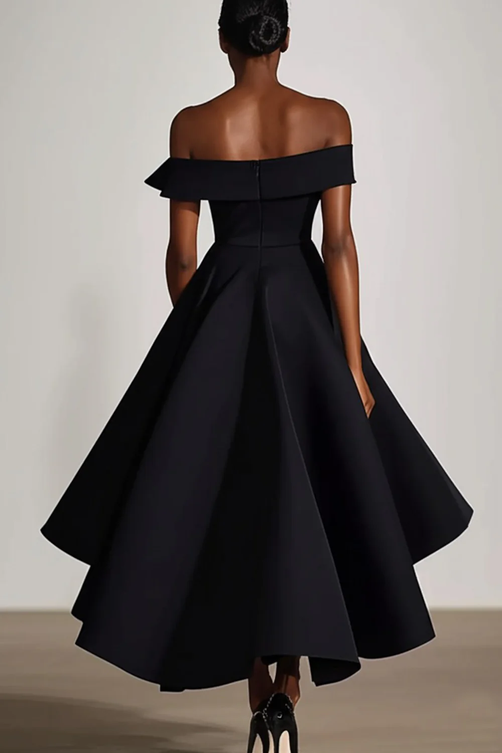 Off The Shoulder A Line Black Satin Evening Dress - Image 2