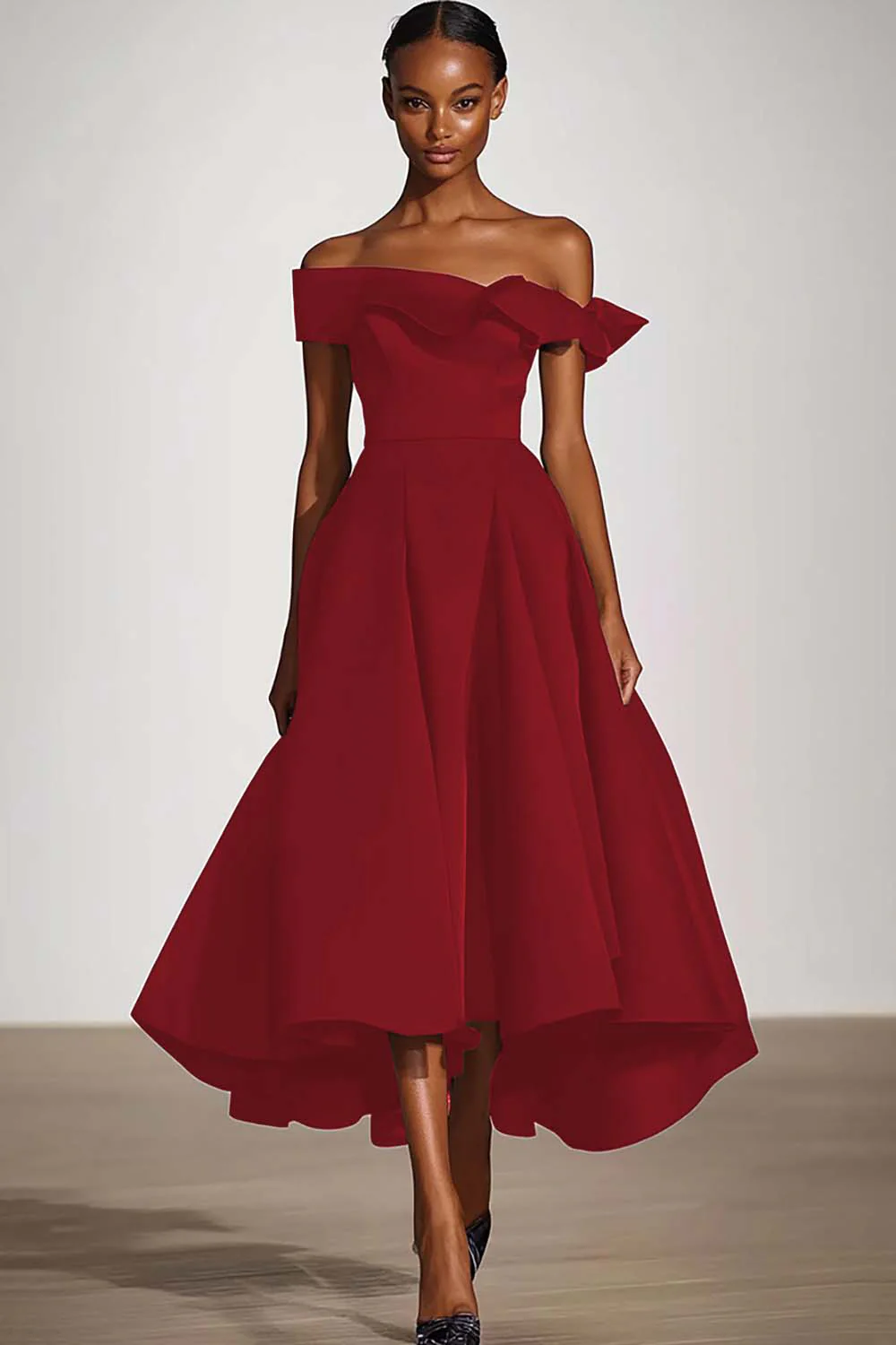 Off The Shoulder A Line Black Satin Evening Dress - Image 4