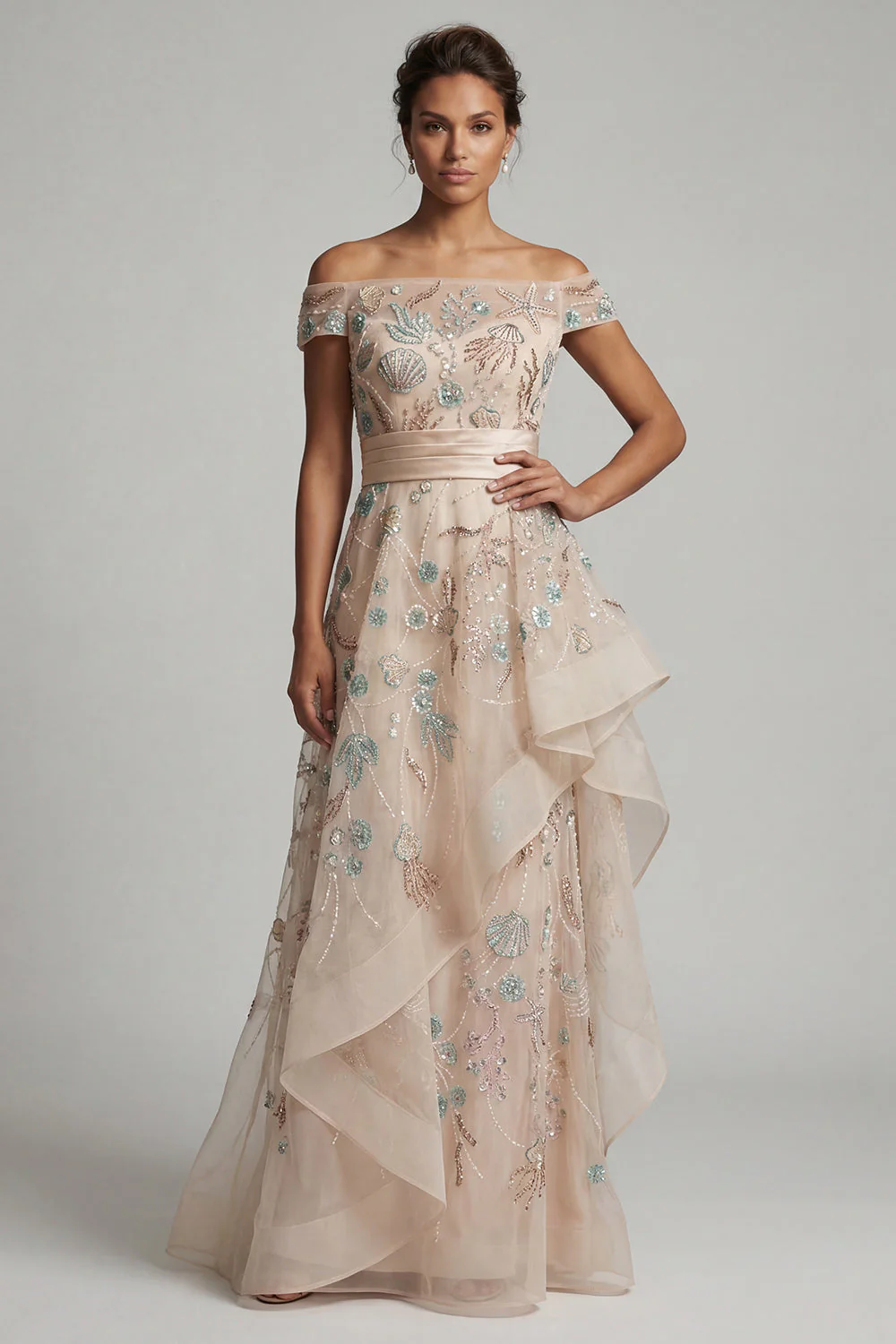 Off The Shoulder A Line Blush Sequin Mother Of the Bride Dress