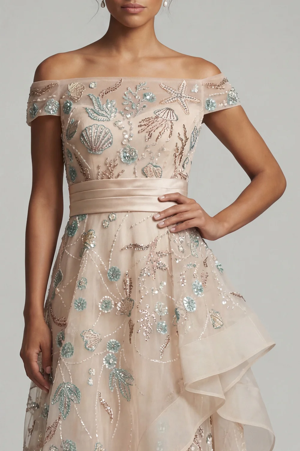 Off The Shoulder A Line Blush Sequin Mother Of the Bride Dress - Image 4