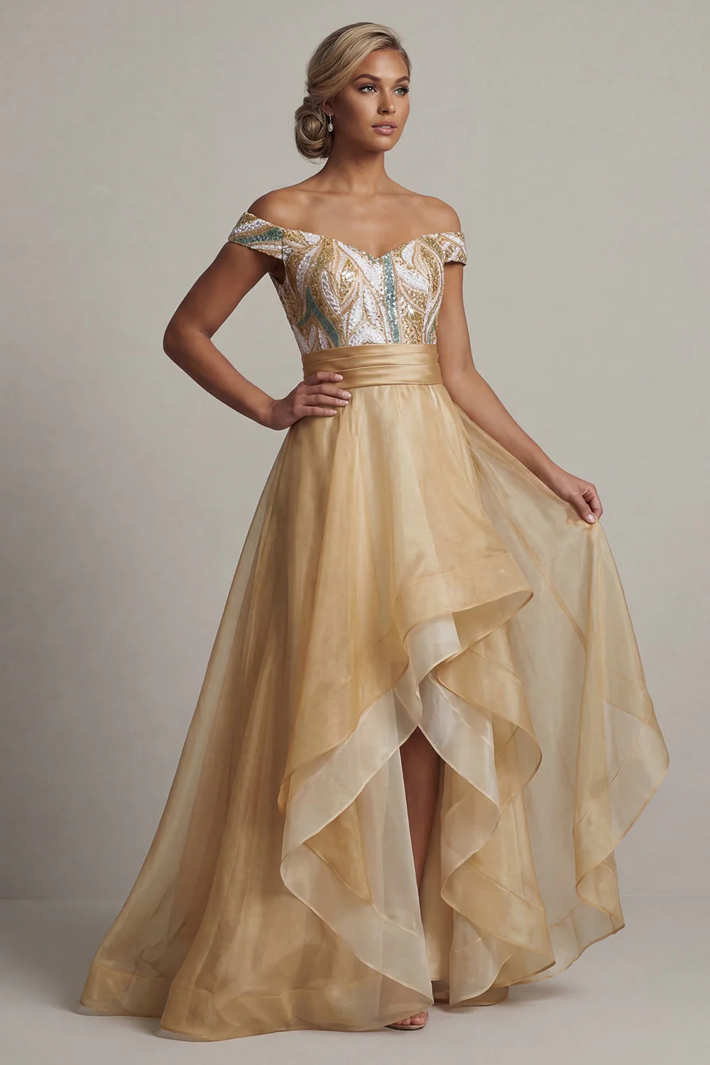 Off The Shoulder A Line Champagne Sequin Mother Of the Bride Dress - Image 3