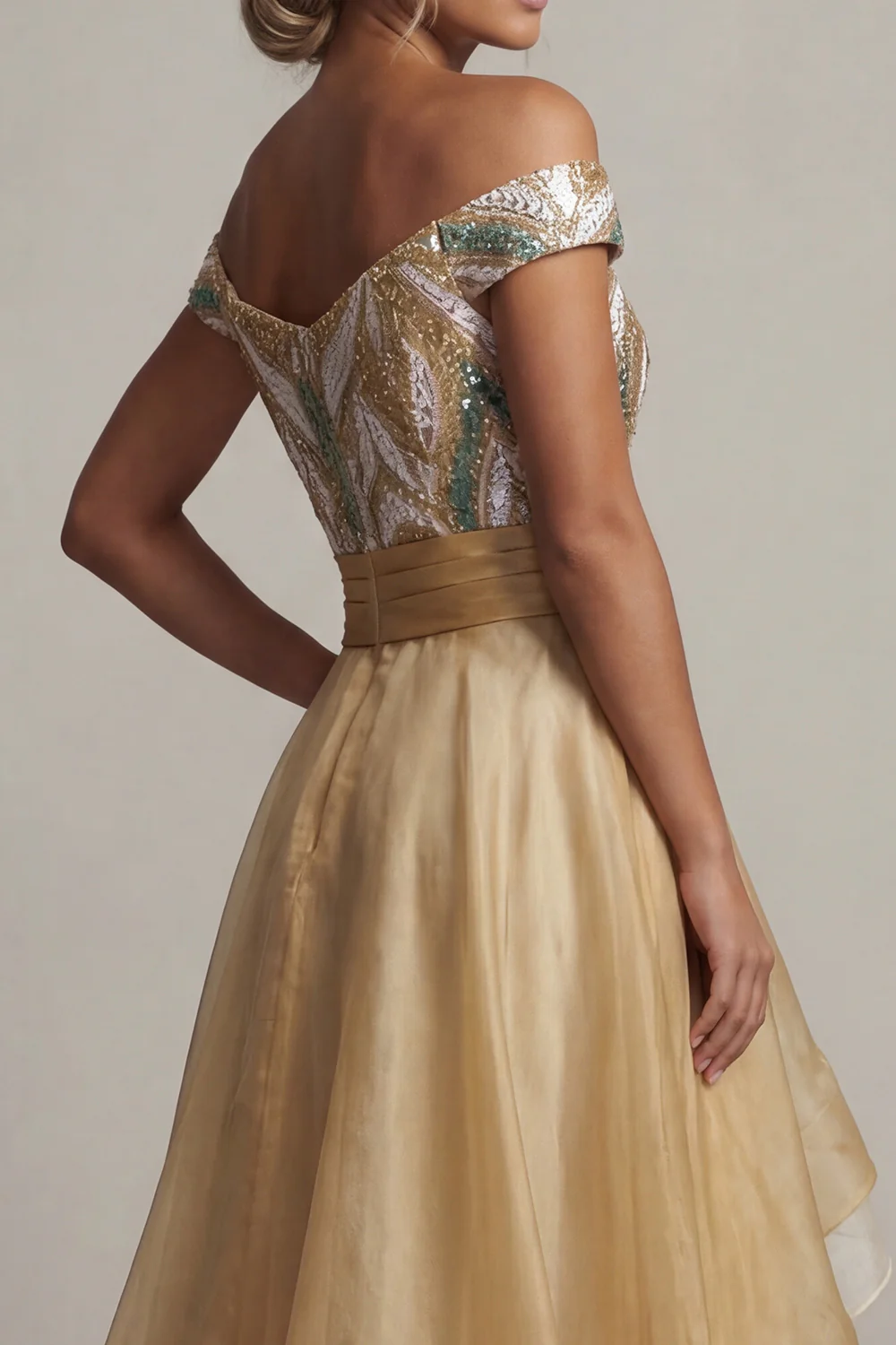 Off The Shoulder A Line Champagne Sequin Mother Of the Bride Dress - Image 5