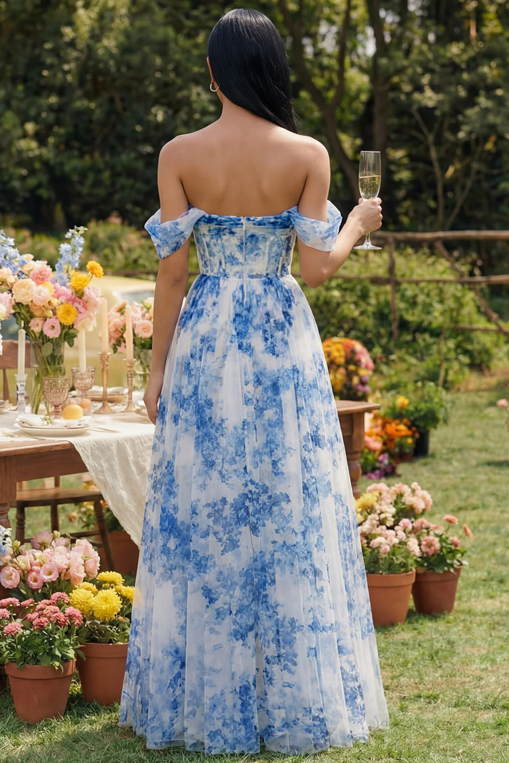 Off the Shoulder A-Line Corset Blue Floral Tulle Maxi Dress - Image 2