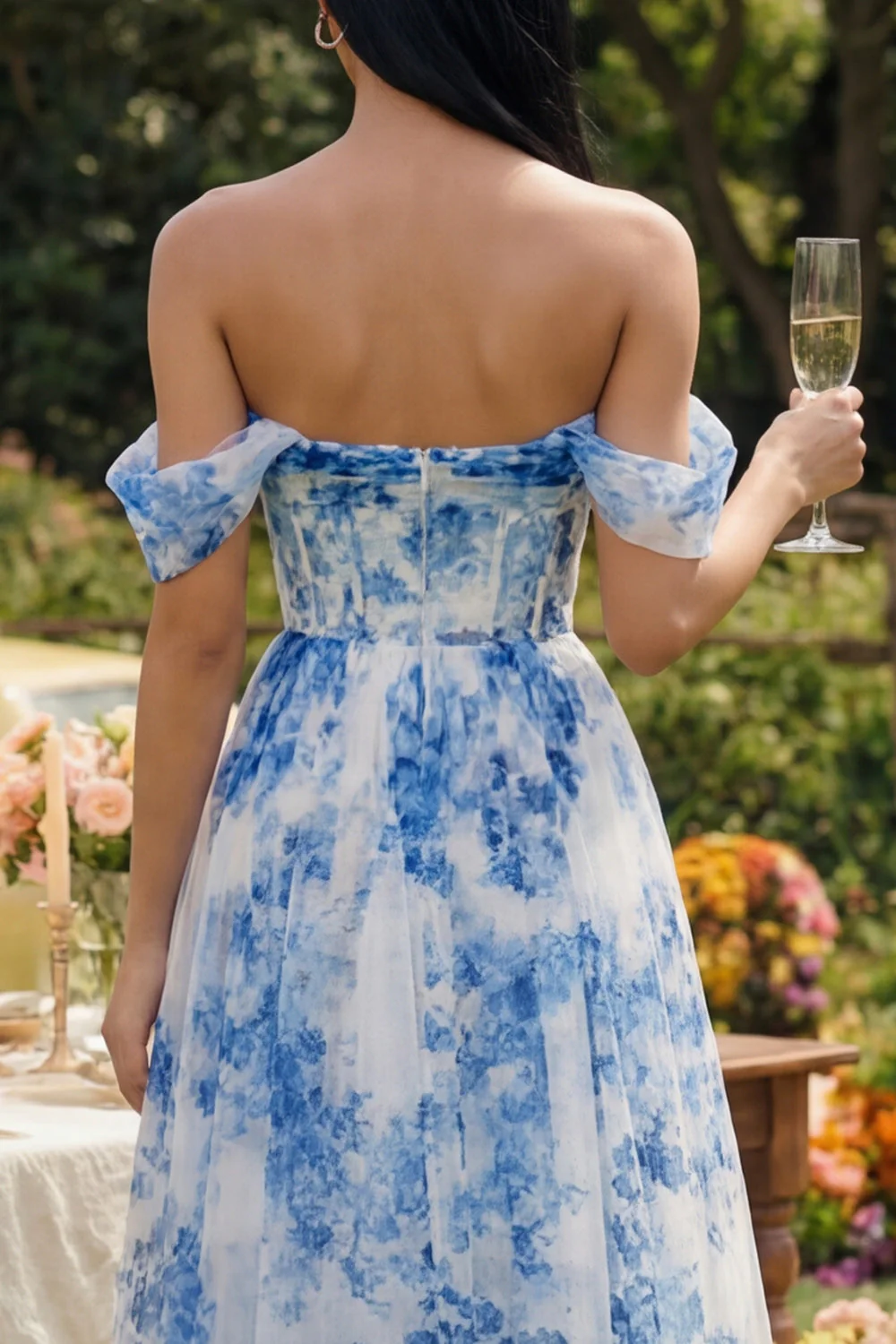 Off the Shoulder A-Line Corset Blue Floral Tulle Maxi Dress - Image 4