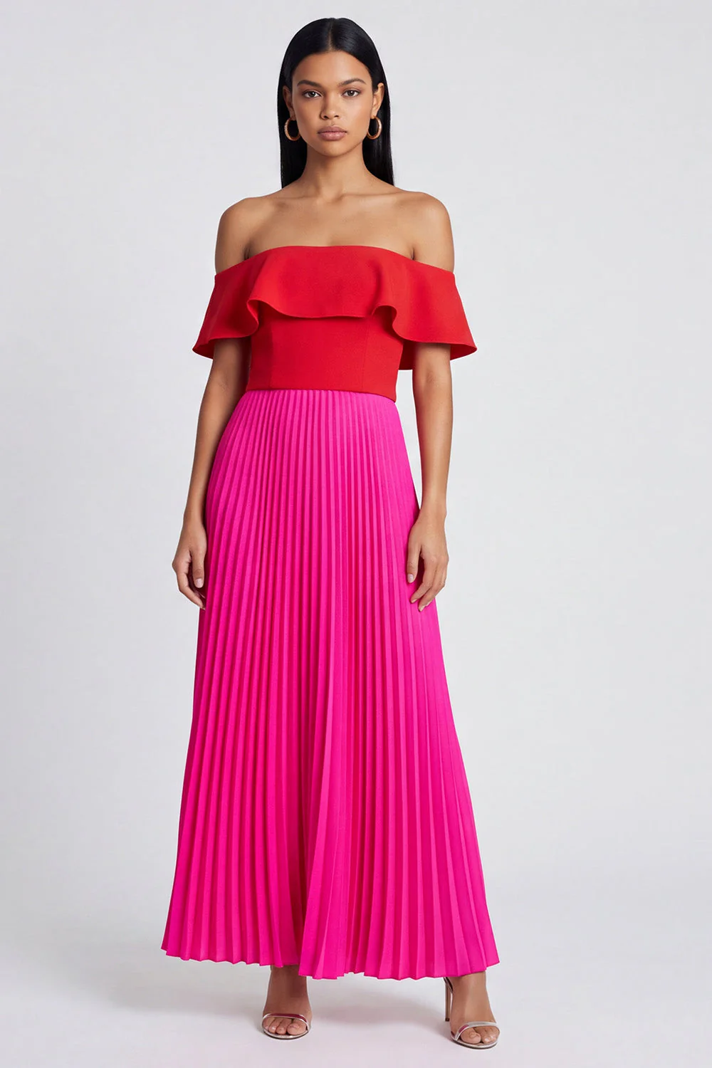 Off the Shoulder A-Line Fuchsia and Red Pleated Maxi Dress with Ruffles
