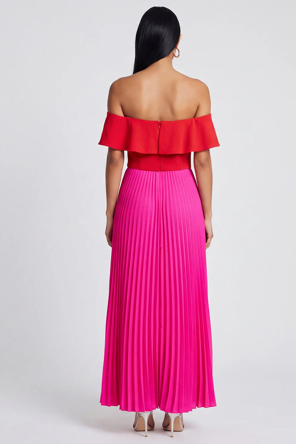 Off the Shoulder A-Line Fuchsia and Red Pleated Maxi Dress with Ruffles - Image 2