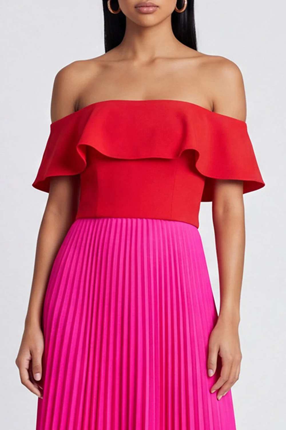 Off the Shoulder A-Line Fuchsia and Red Pleated Maxi Dress with Ruffles - Image 3