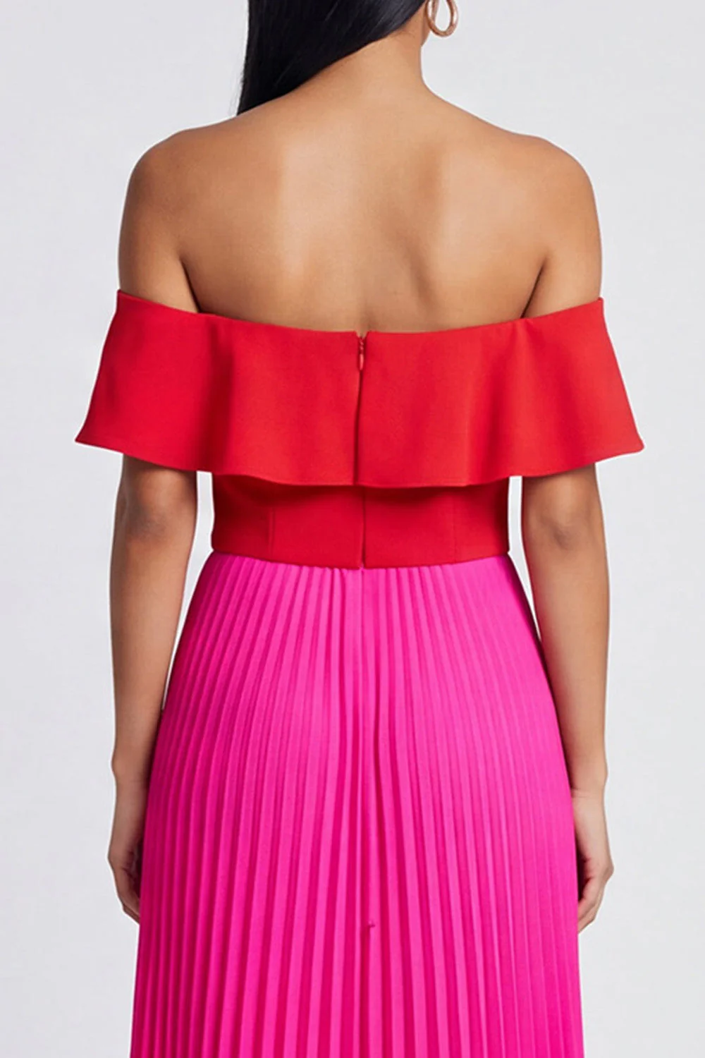 Off the Shoulder A-Line Fuchsia and Red Pleated Maxi Dress with Ruffles - Image 4