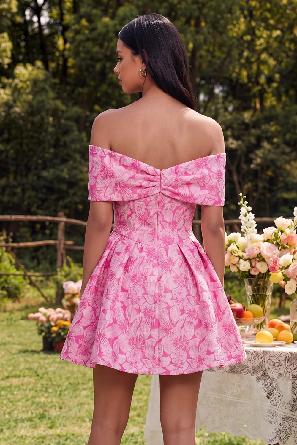 Off the Shoulder A-Line Fuchsia Jacquard Mini Cocktail Dress With Bow - Image 2