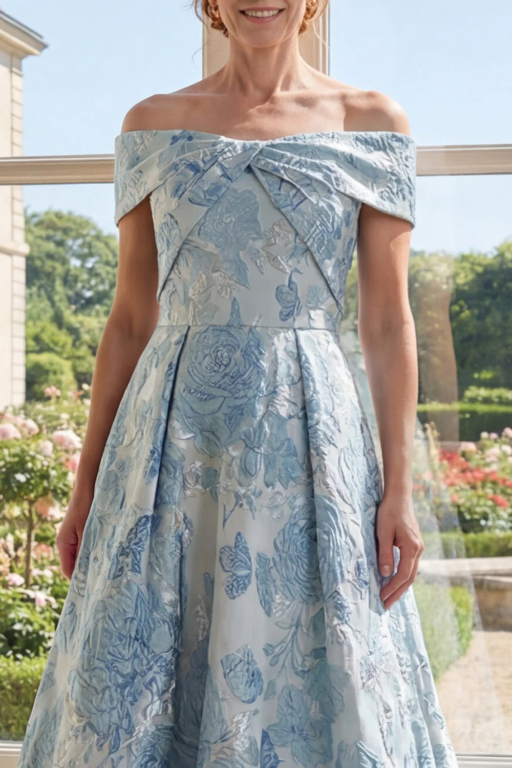 Off the Shoulder Blue A-Line Jacquard Long Mother Of the Bride Dress - Image 3