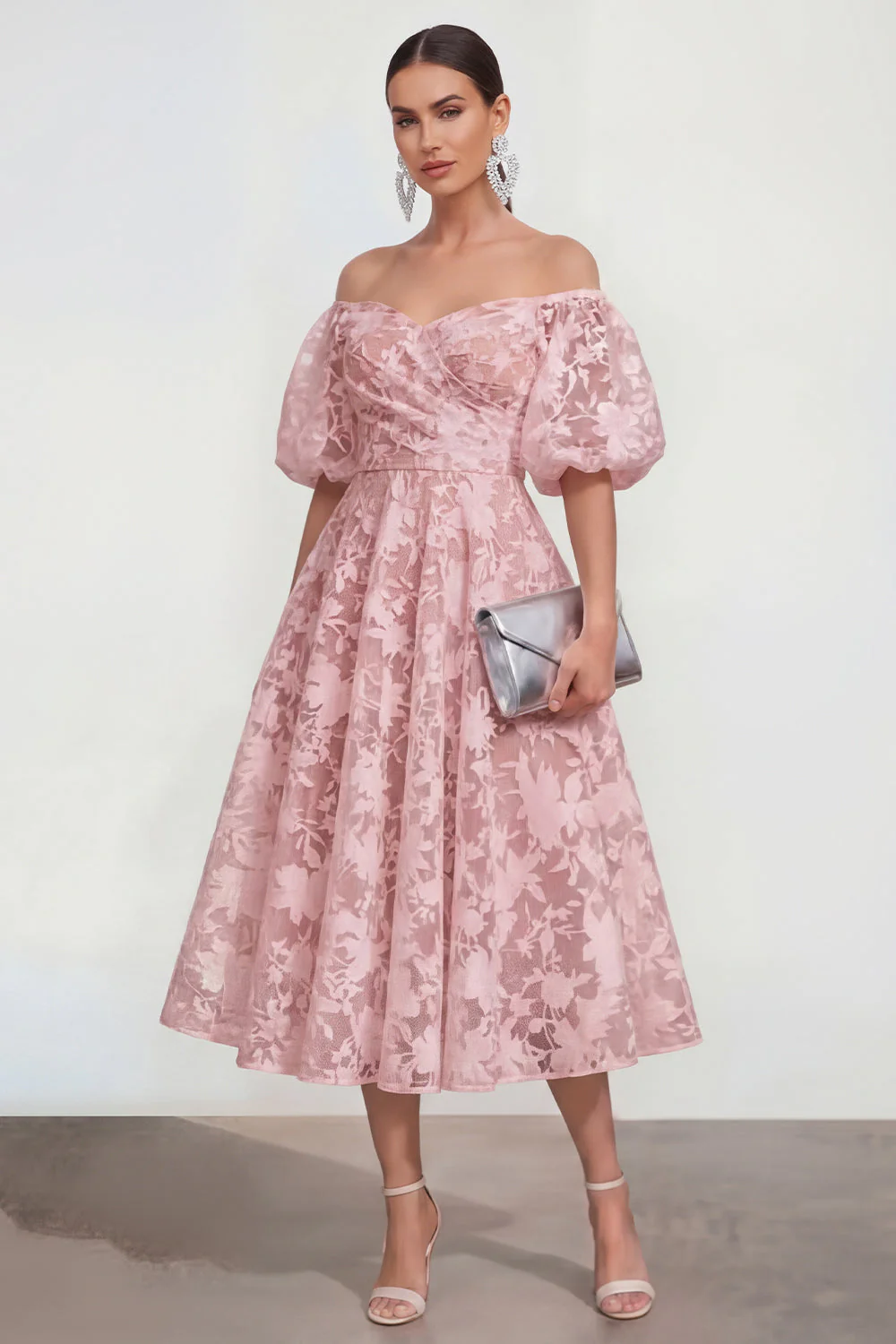 Off The Shoulder A-Line Midi Pink Floral Dress with Puff Sleeves