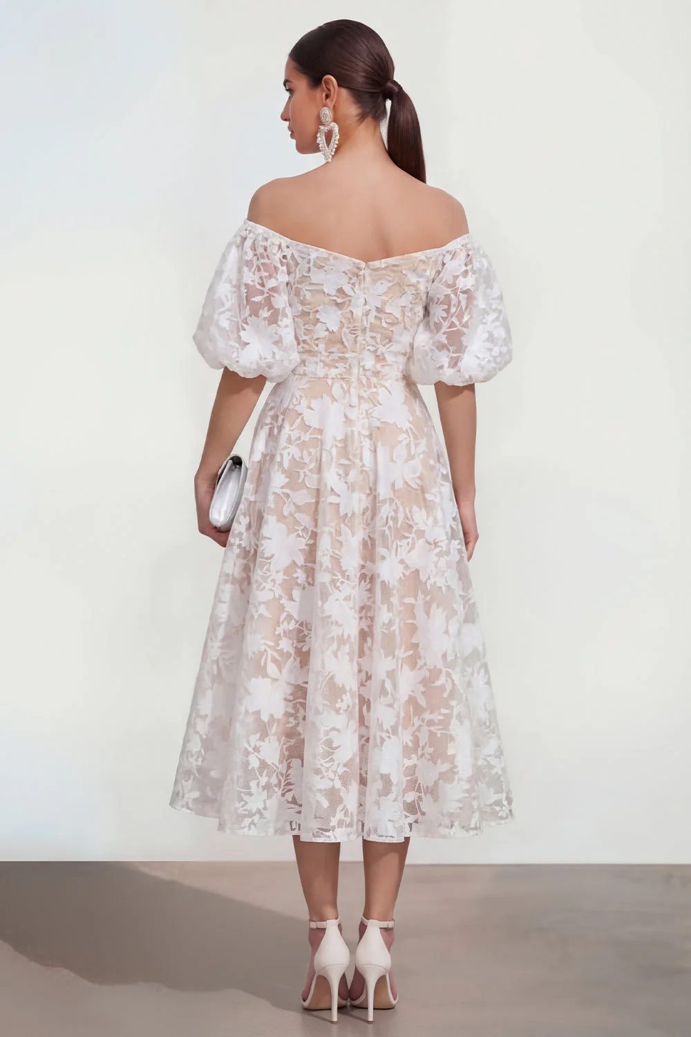Off The Shoulder A-Line Midi Pink Floral Dress with Puff Sleeves - Image 10