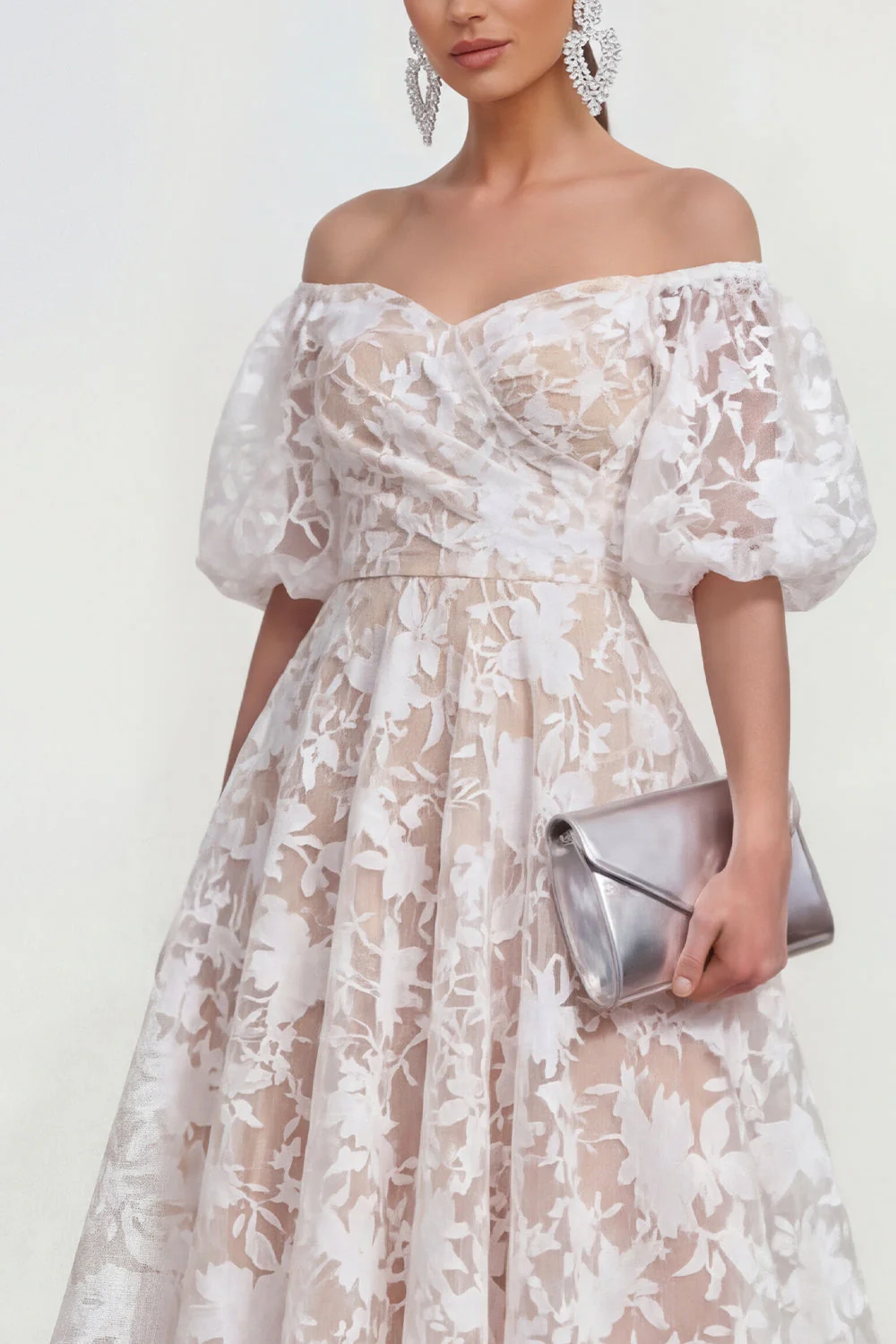 Off The Shoulder A-Line Midi Pink Floral Dress with Puff Sleeves - Image 11