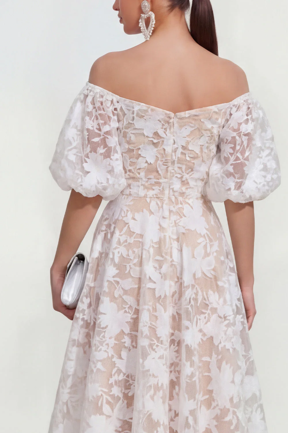 Off The Shoulder A-Line Midi Pink Floral Dress with Puff Sleeves - Image 12