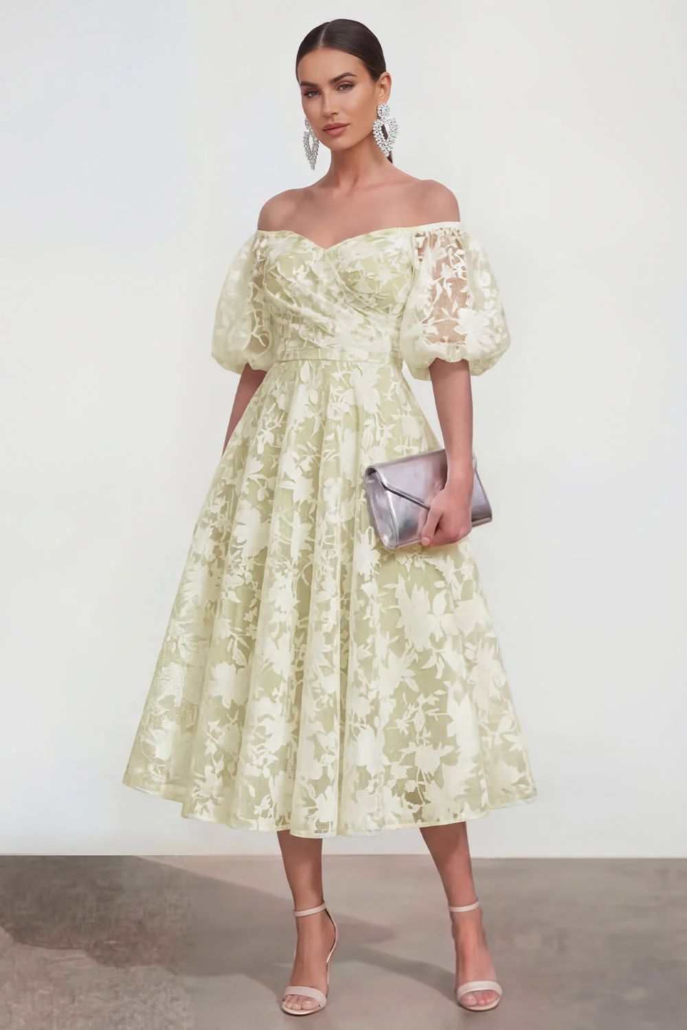Off The Shoulder A-Line Midi Pink Floral Dress with Puff Sleeves - Image 13