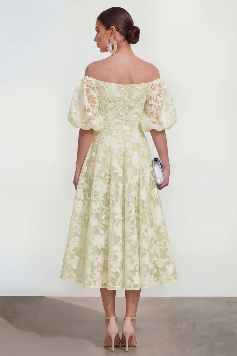 Off The Shoulder A-Line Midi Pink Floral Dress with Puff Sleeves - Image 14