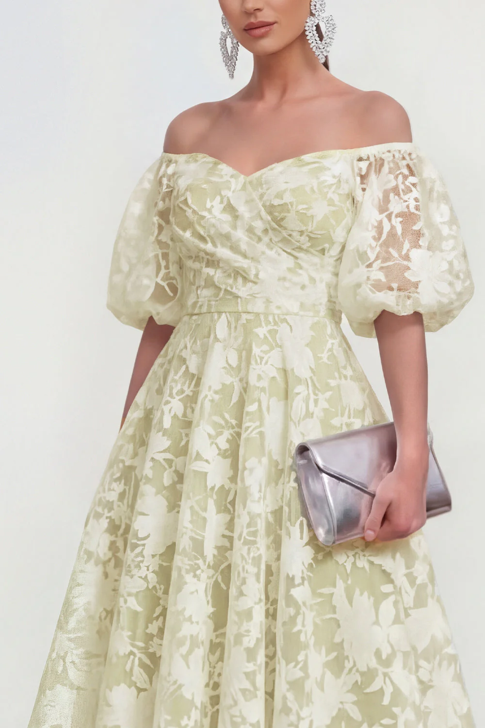 Off The Shoulder A-Line Midi Pink Floral Dress with Puff Sleeves - Image 15