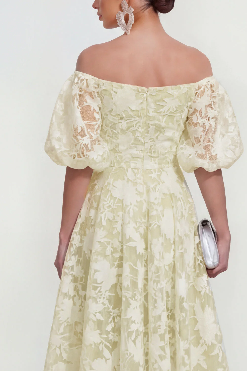 Off The Shoulder A-Line Midi Pink Floral Dress with Puff Sleeves - Image 16