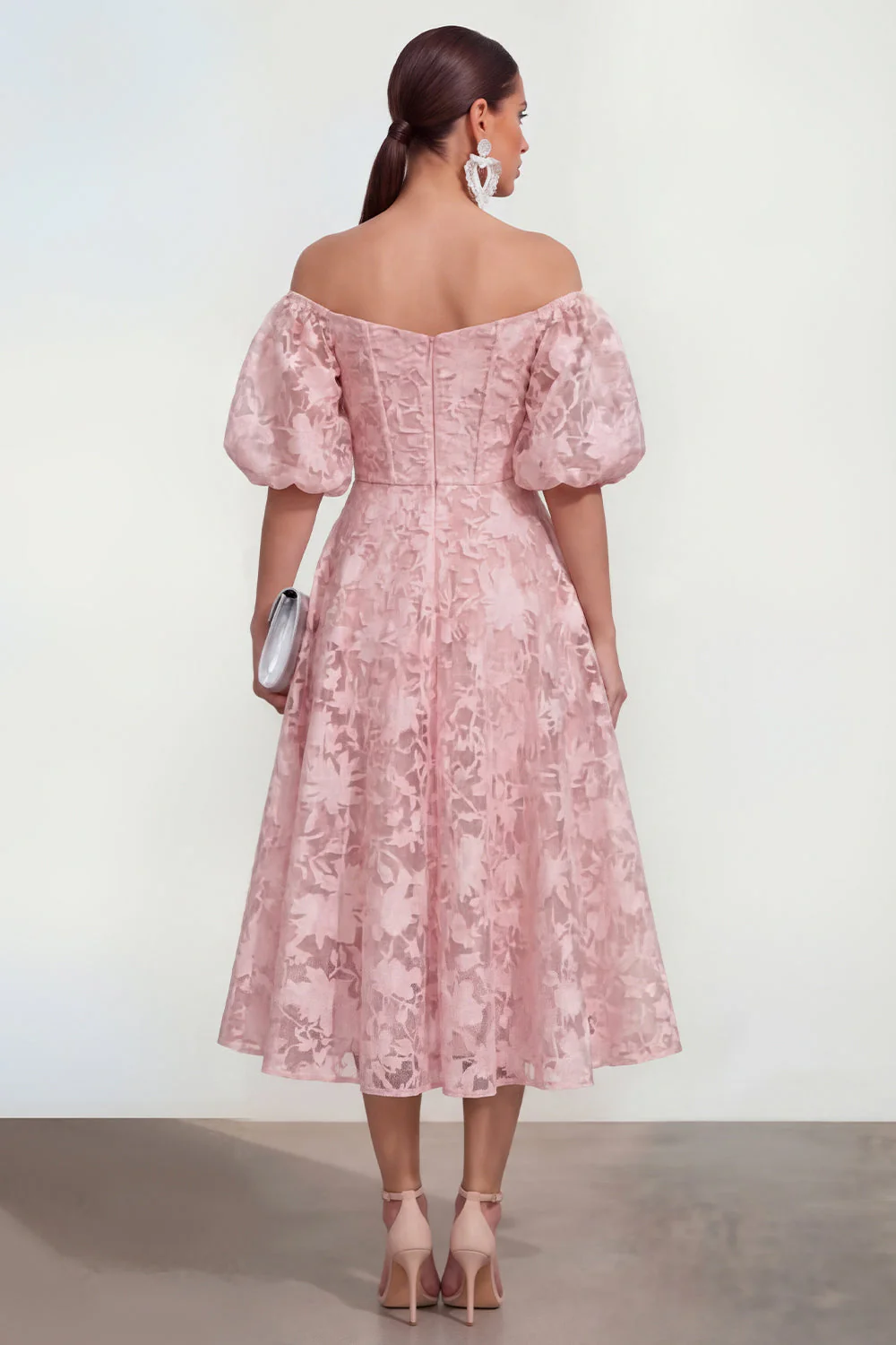 Off The Shoulder A-Line Midi Pink Floral Dress with Puff Sleeves - Image 2