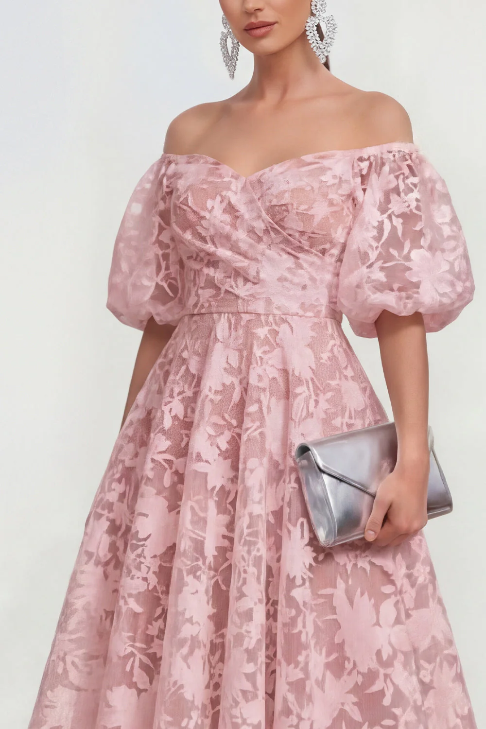 Off The Shoulder A-Line Midi Pink Floral Dress with Puff Sleeves - Image 3