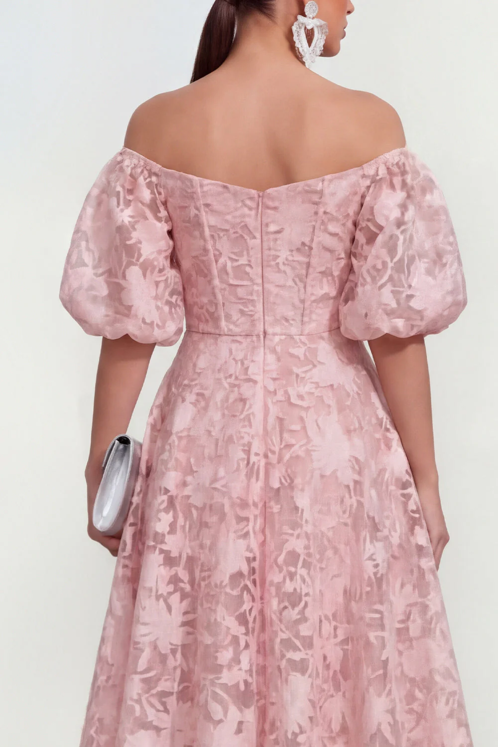 Off The Shoulder A-Line Midi Pink Floral Dress with Puff Sleeves - Image 4