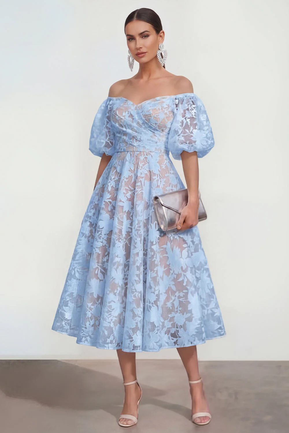 Off The Shoulder A-Line Midi Pink Floral Dress with Puff Sleeves - Image 5