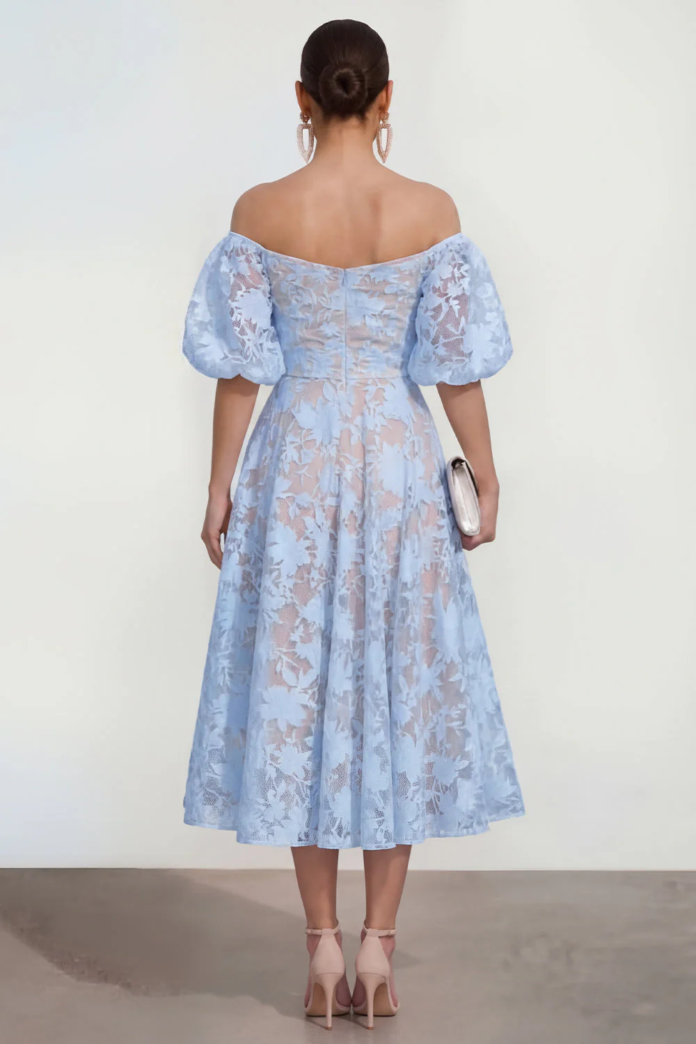 Off The Shoulder A-Line Midi Pink Floral Dress with Puff Sleeves - Image 6