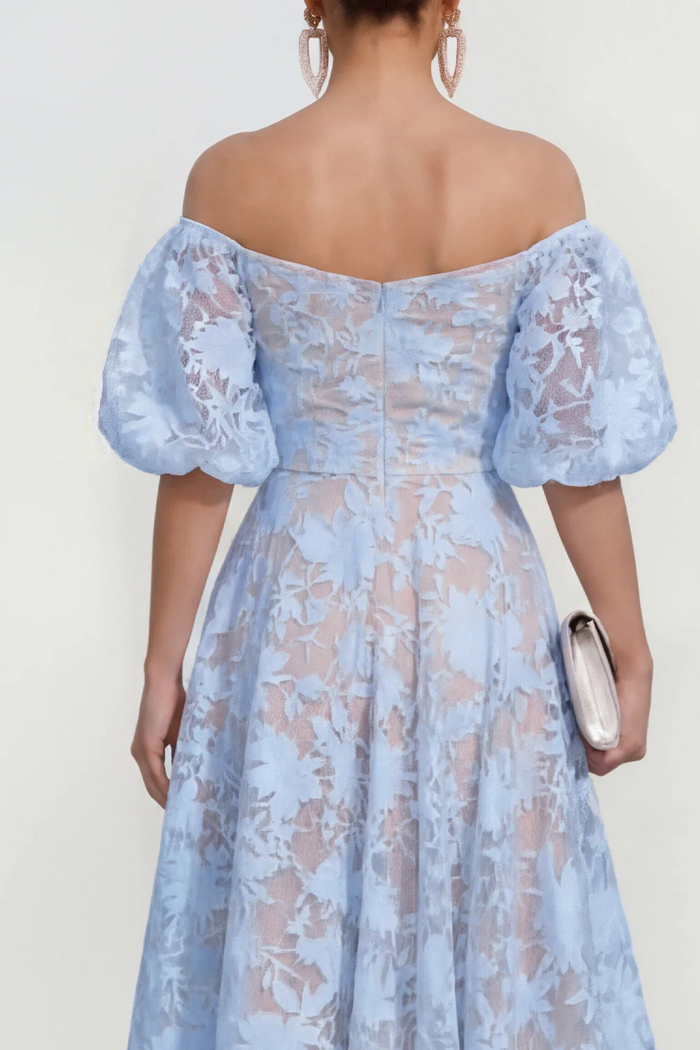 Off The Shoulder A-Line Midi Pink Floral Dress with Puff Sleeves - Image 8