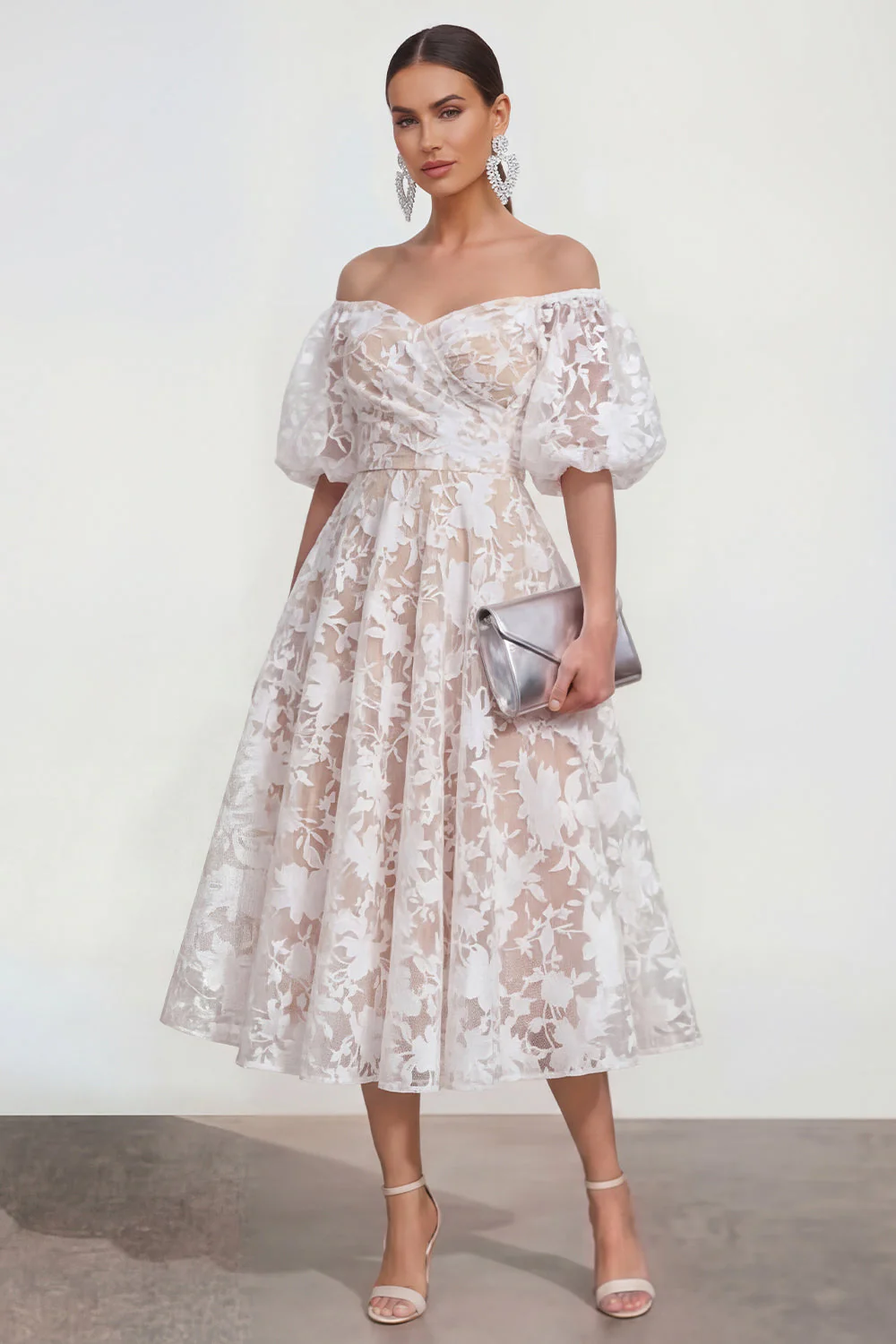 Off The Shoulder A-Line Midi Pink Floral Dress with Puff Sleeves - Image 9