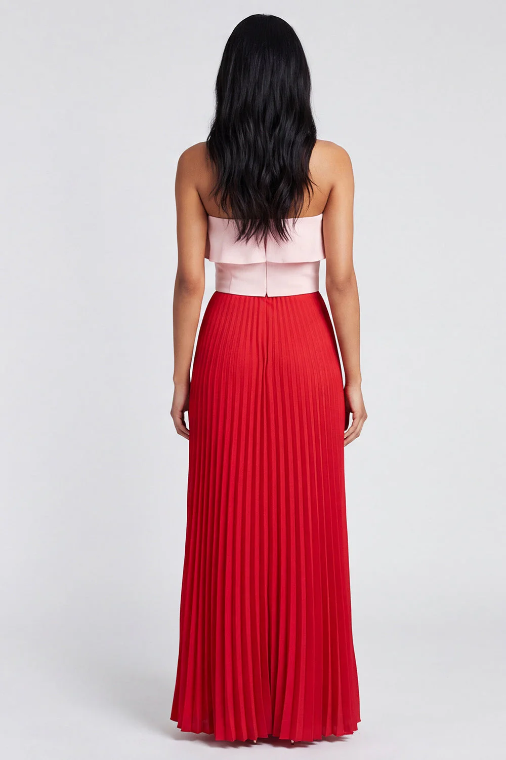 Off the Shoulder A-Line Pink and Red Pleated Maxi Dress with Ruffles - Image 2