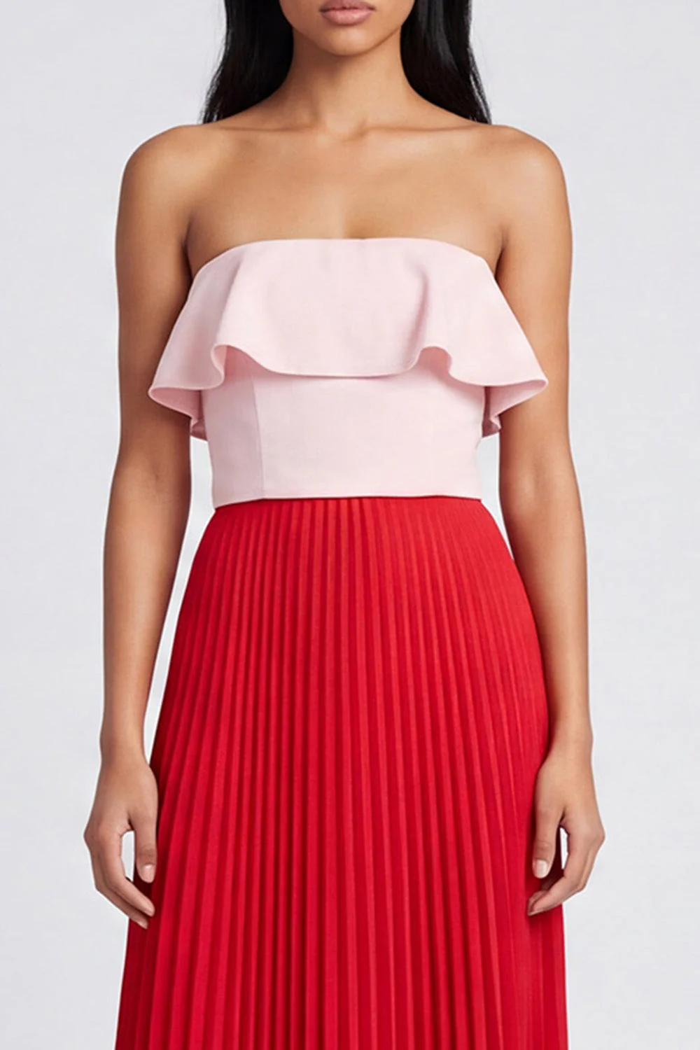Off the Shoulder A-Line Pink and Red Pleated Maxi Dress with Ruffles - Image 3