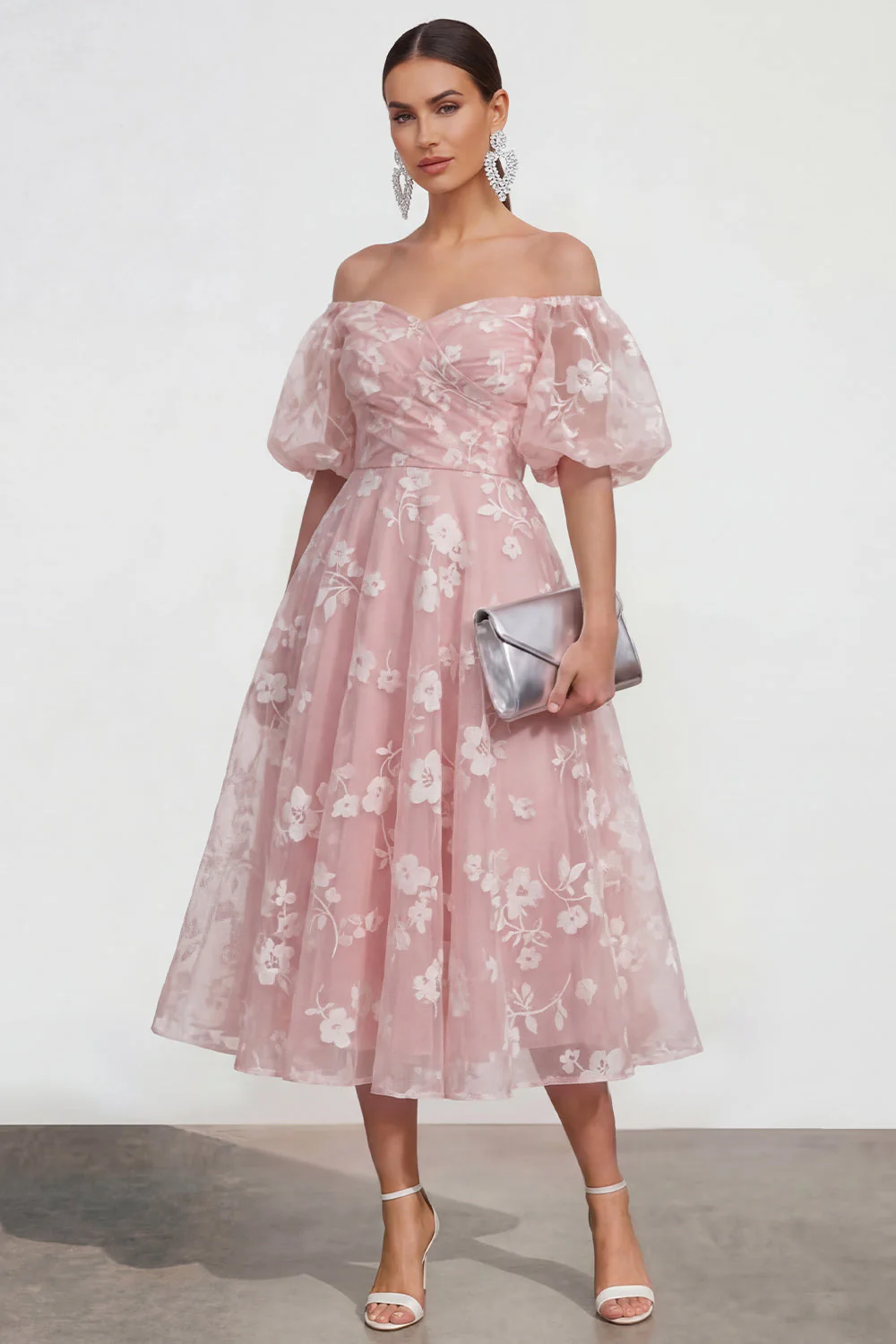 Off The Shoulder A-Line Pink Midi Floral Dress with Lace Up Back