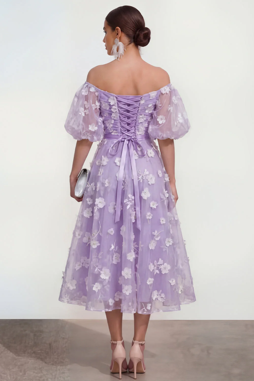 Off The Shoulder A-Line Pink Midi Floral Dress with Lace Up Back - Image 10