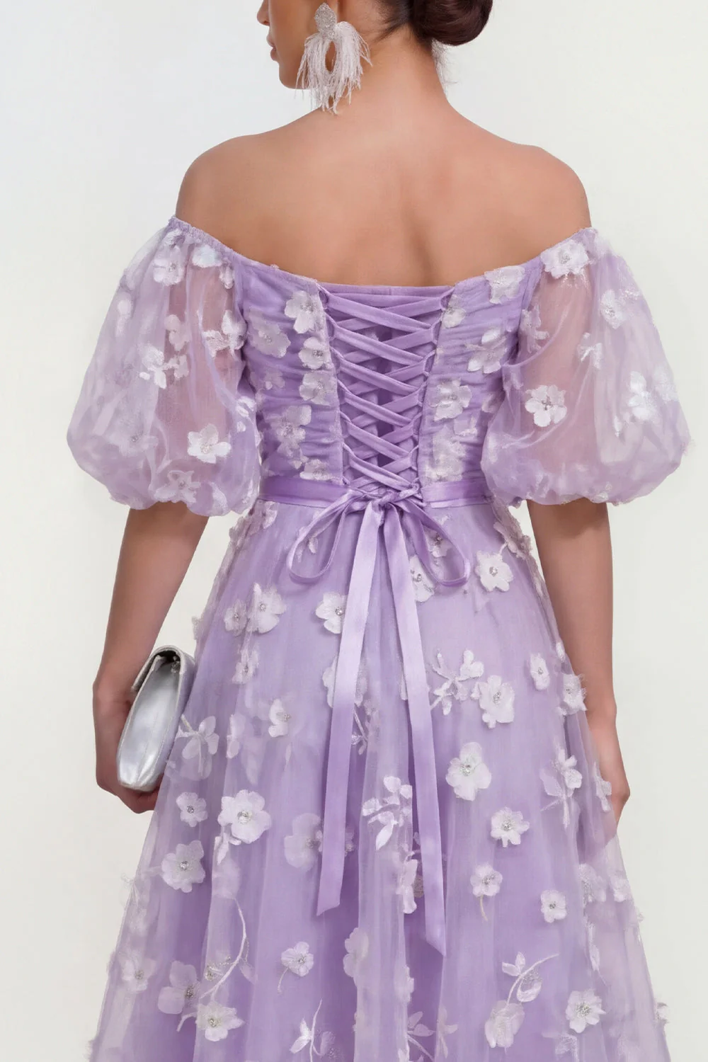 Off The Shoulder A-Line Pink Midi Floral Dress with Lace Up Back - Image 12