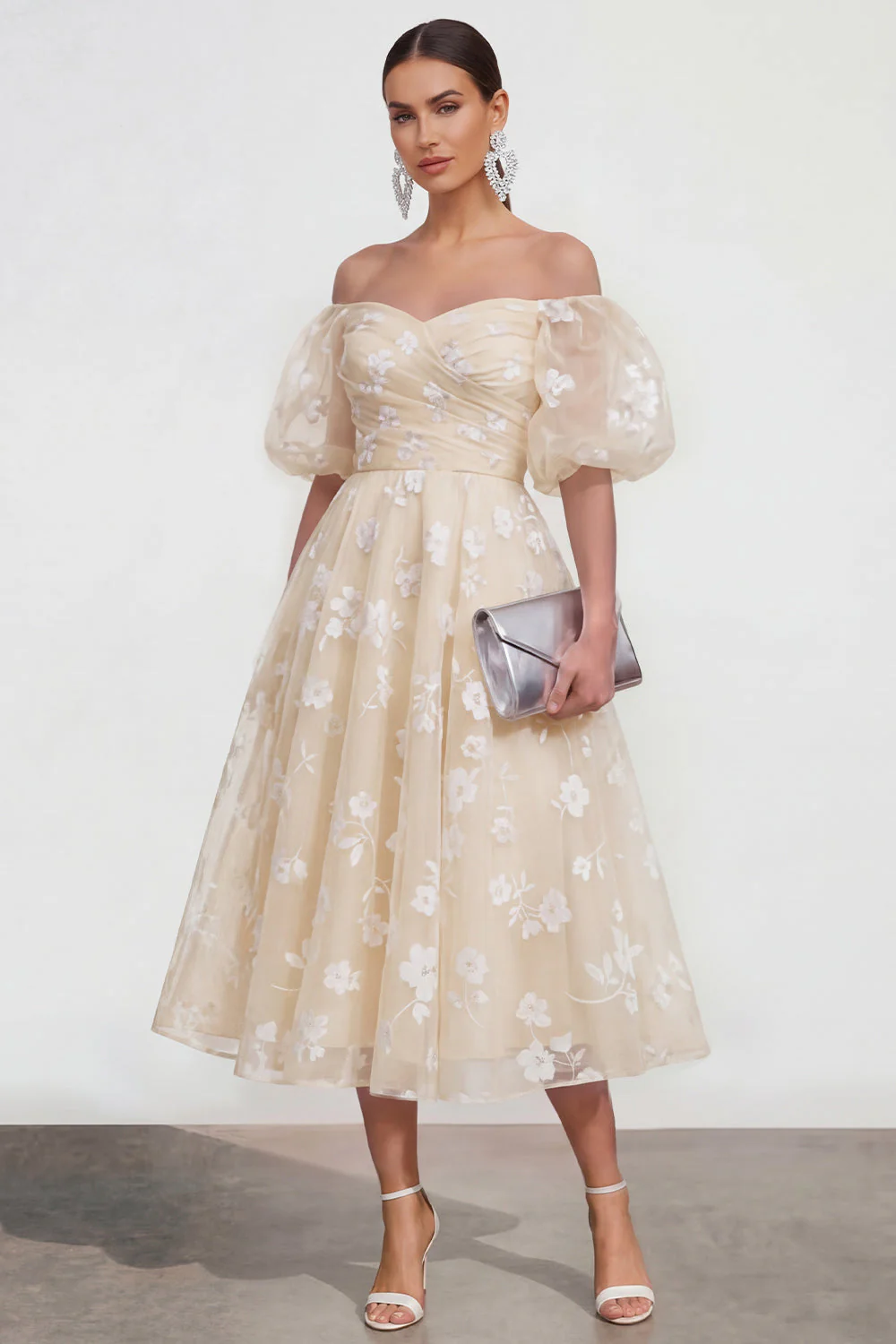 Off The Shoulder A-Line Pink Midi Floral Dress with Lace Up Back - Image 13