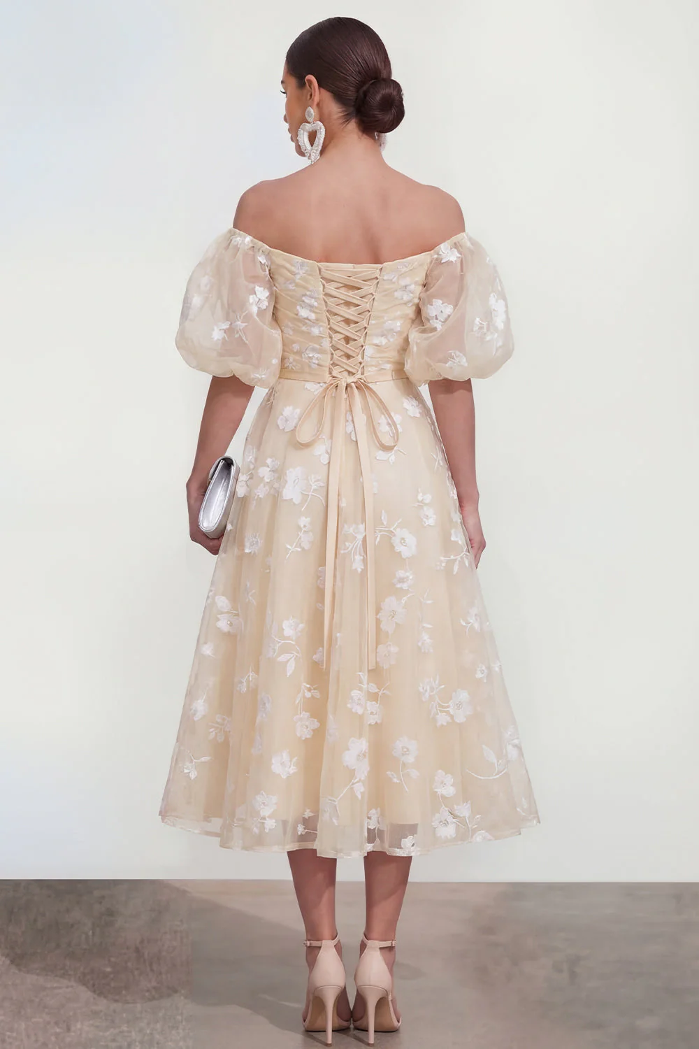 Off The Shoulder A-Line Pink Midi Floral Dress with Lace Up Back - Image 14