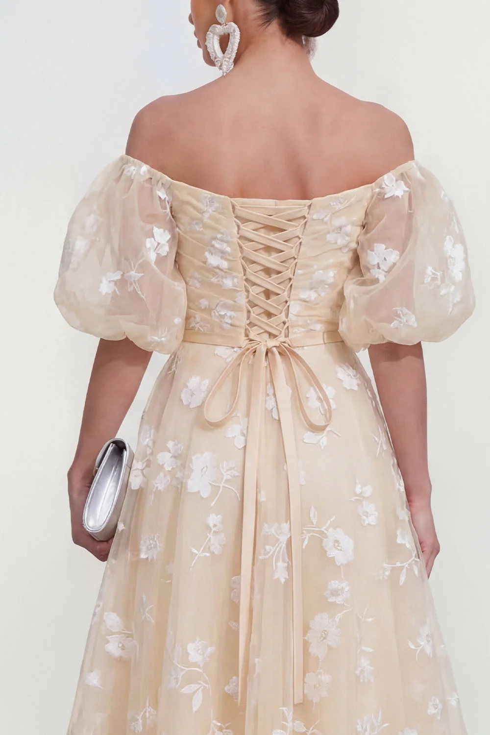 Off The Shoulder A-Line Pink Midi Floral Dress with Lace Up Back - Image 16