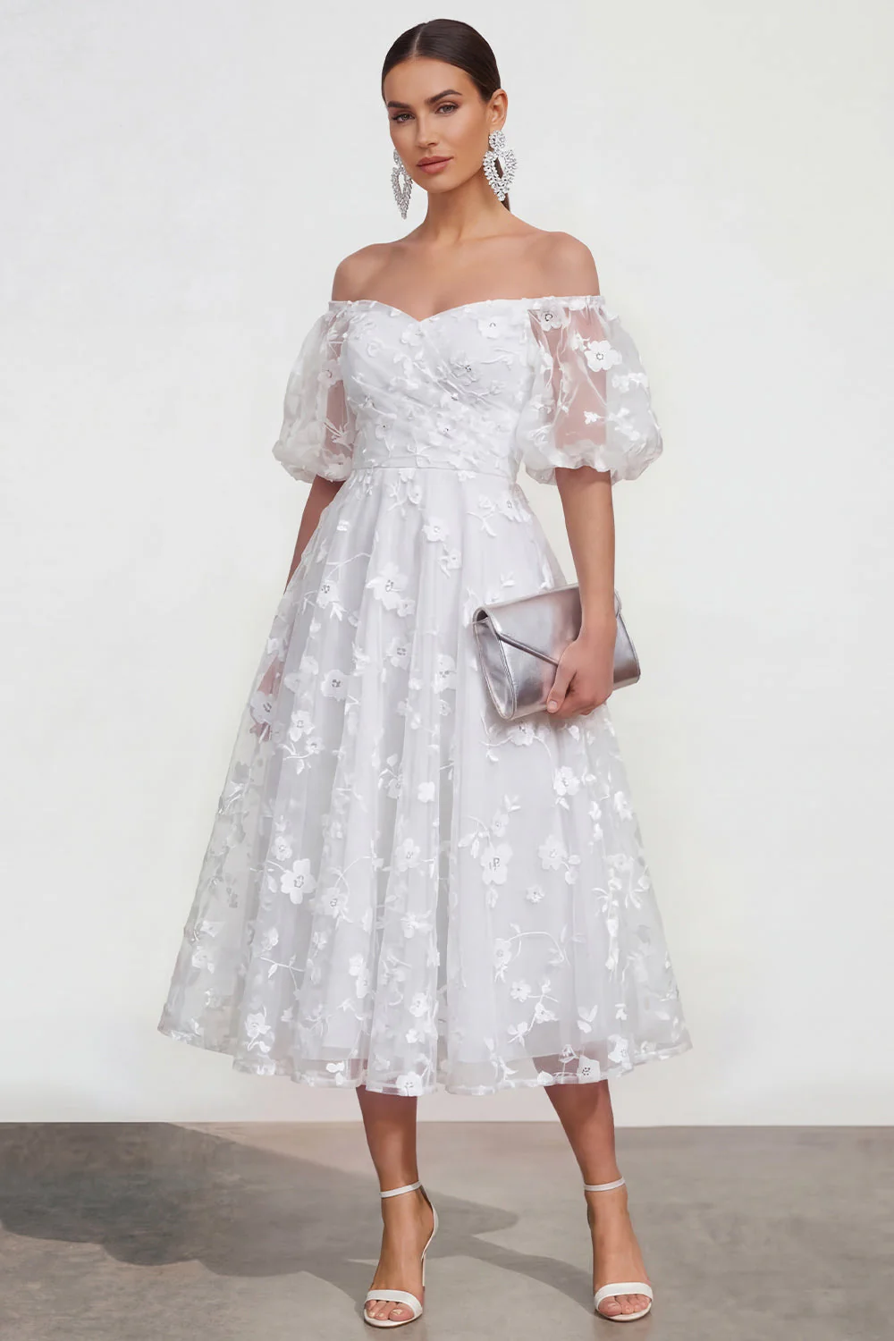 Off The Shoulder A-Line Pink Midi Floral Dress with Lace Up Back - Image 17