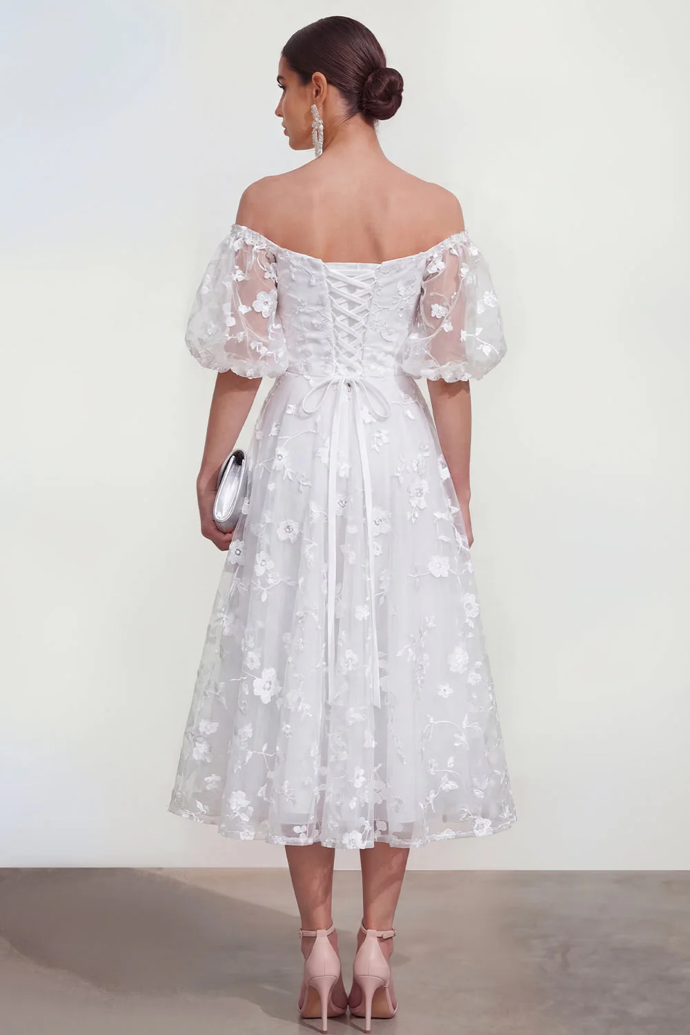 Off The Shoulder A-Line Pink Midi Floral Dress with Lace Up Back - Image 18