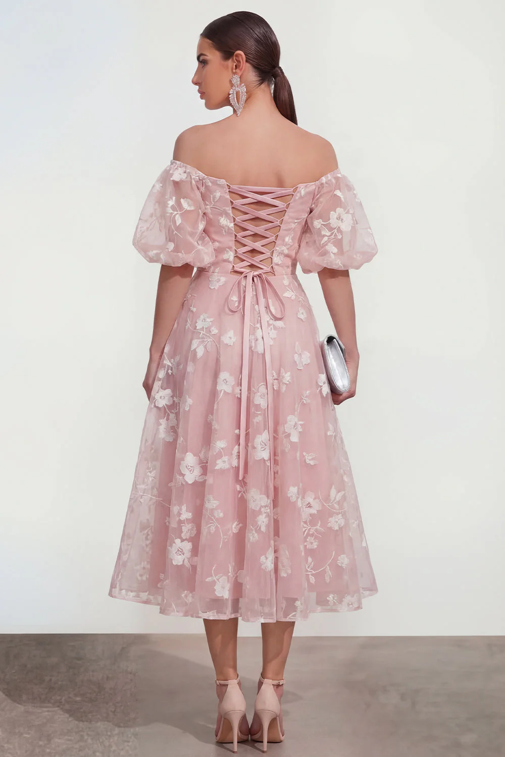 Off The Shoulder A-Line Pink Midi Floral Dress with Lace Up Back - Image 2