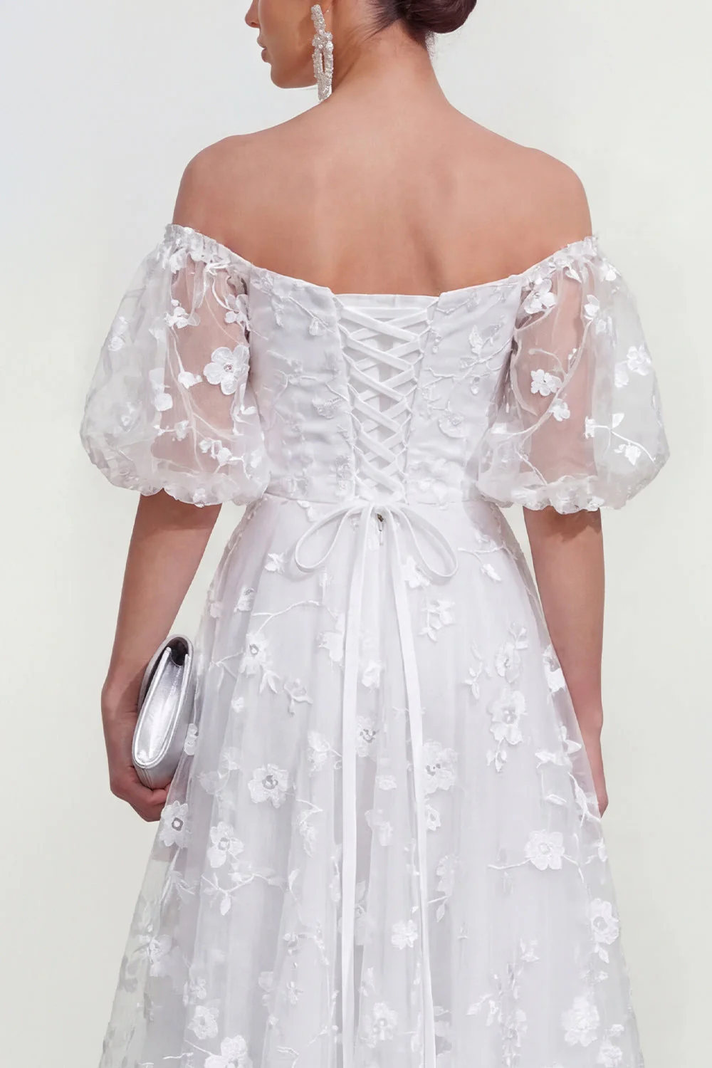 Off The Shoulder A-Line Pink Midi Floral Dress with Lace Up Back - Image 20