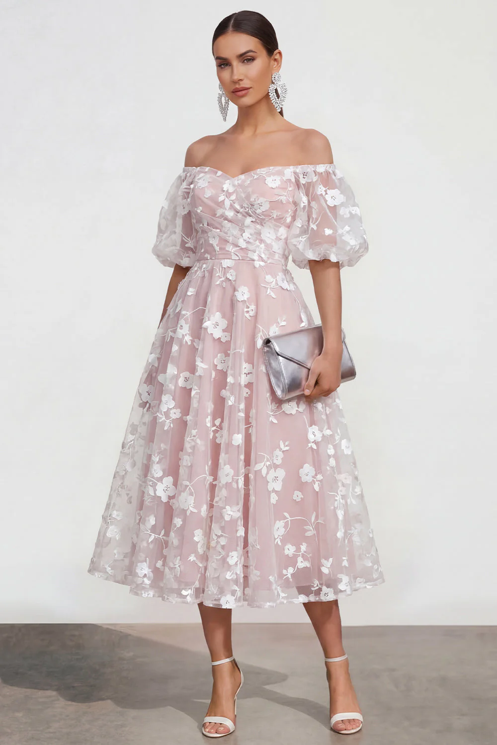 Off The Shoulder A-Line Pink Midi Floral Dress with Lace Up Back - Image 21