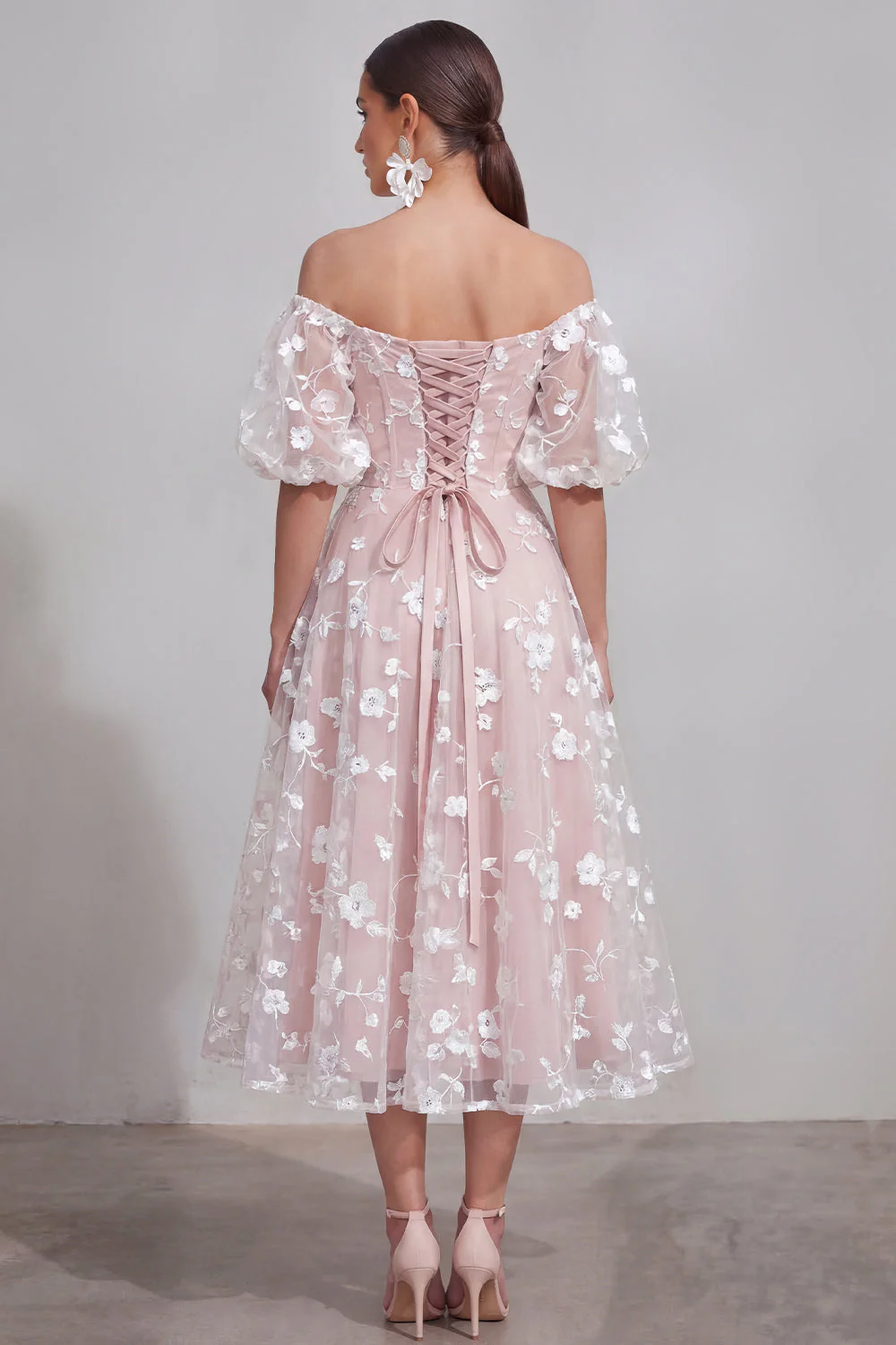 Off The Shoulder A-Line Pink Midi Floral Dress with Lace Up Back - Image 22