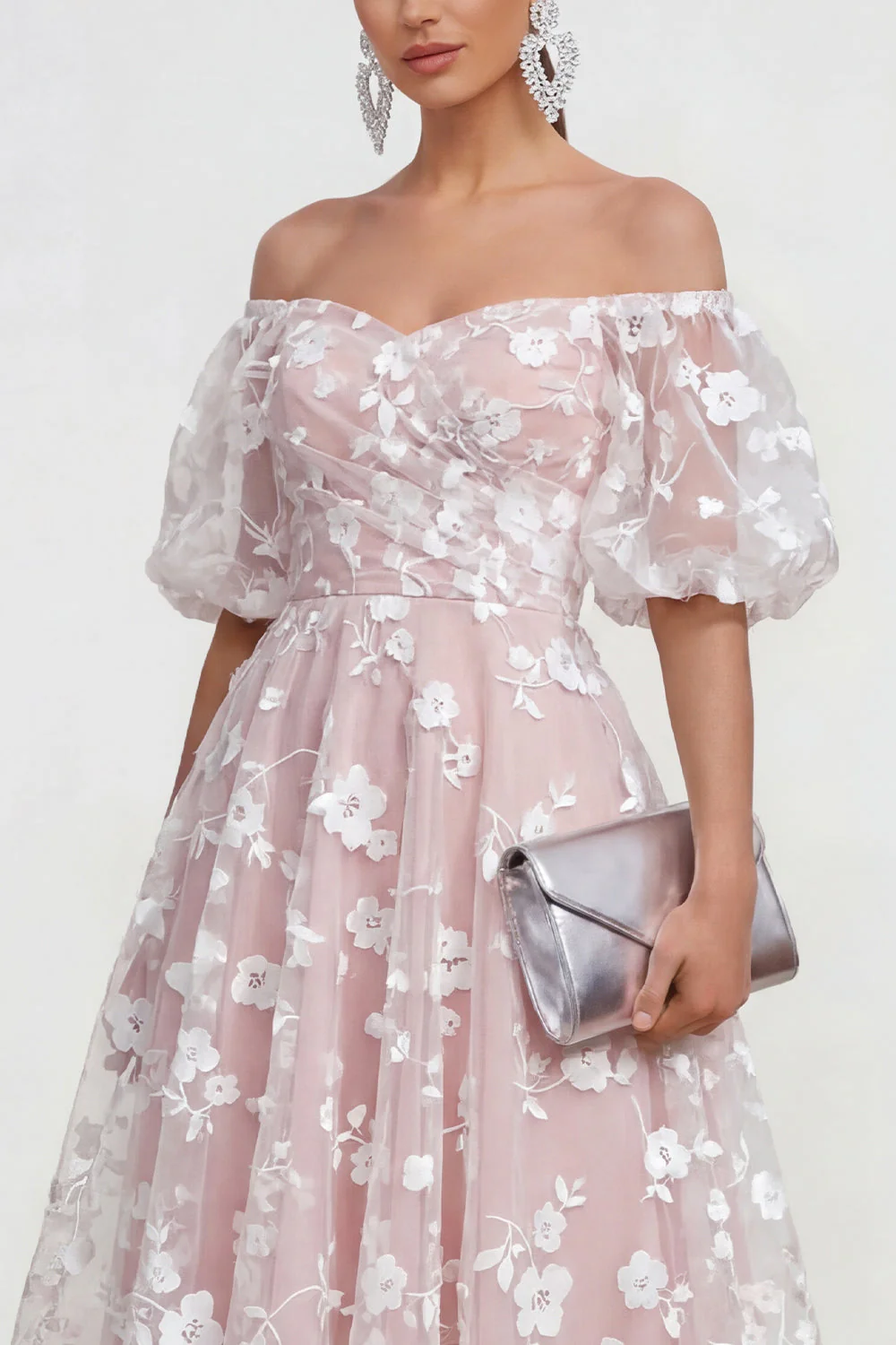 Off The Shoulder A-Line Pink Midi Floral Dress with Lace Up Back - Image 23