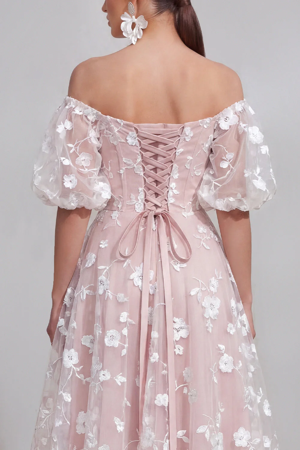 Off The Shoulder A-Line Pink Midi Floral Dress with Lace Up Back - Image 24