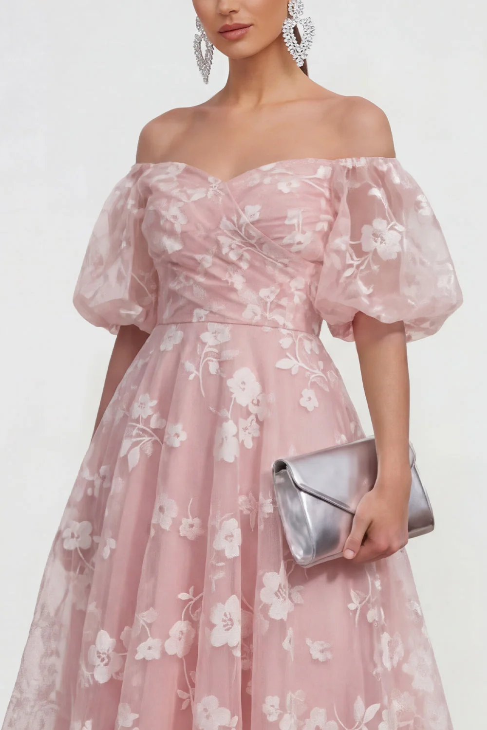 Off The Shoulder A-Line Pink Midi Floral Dress with Lace Up Back - Image 3
