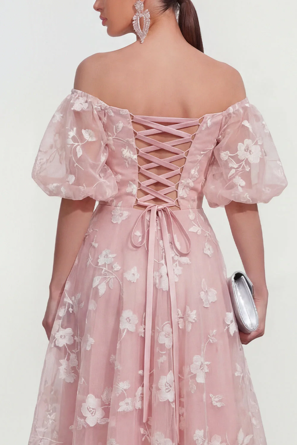 Off The Shoulder A-Line Pink Midi Floral Dress with Lace Up Back - Image 4